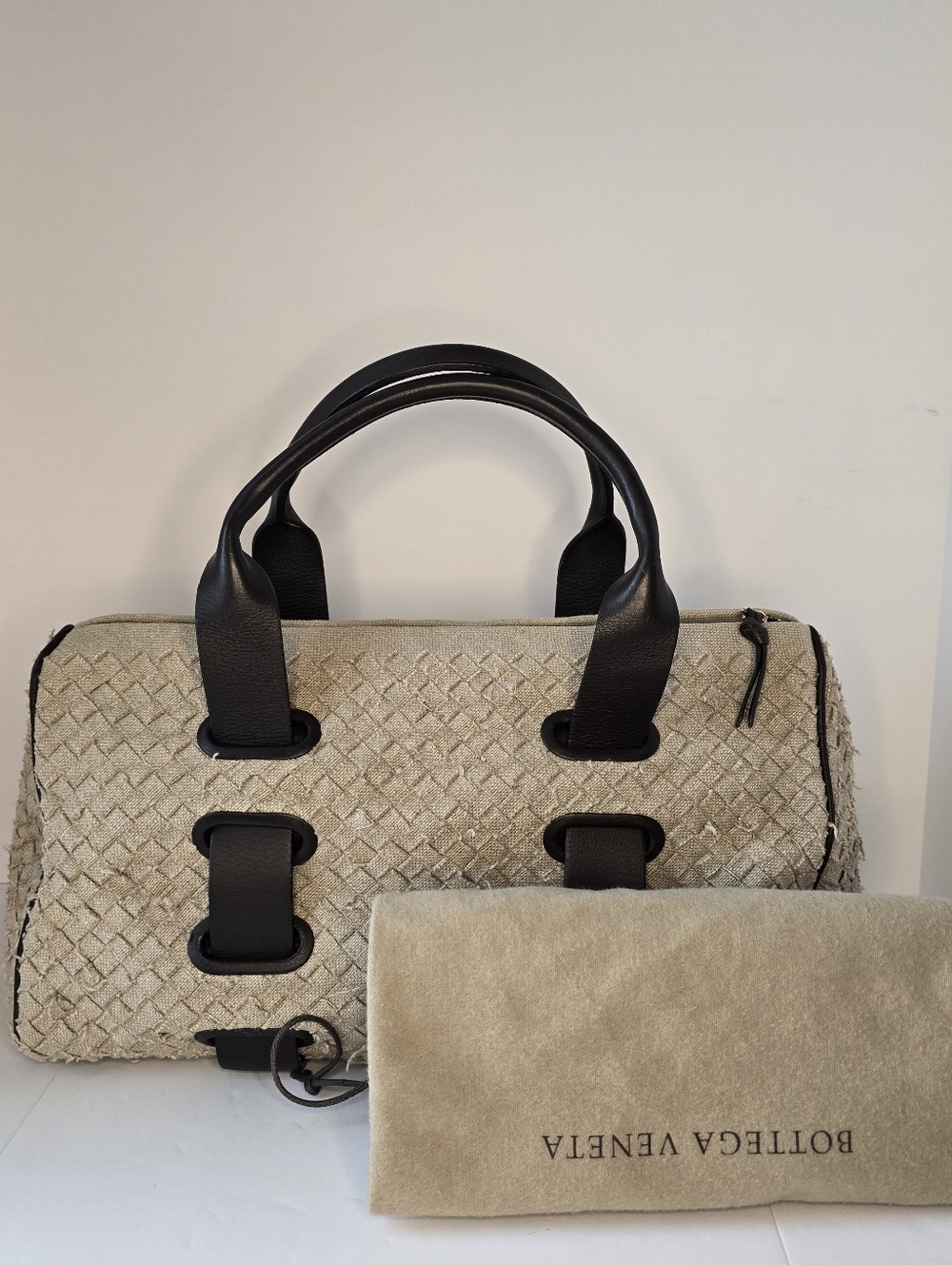 Bottega Veneta Intrecciato Beige Canvas Satchel with Brown Leather Handles.